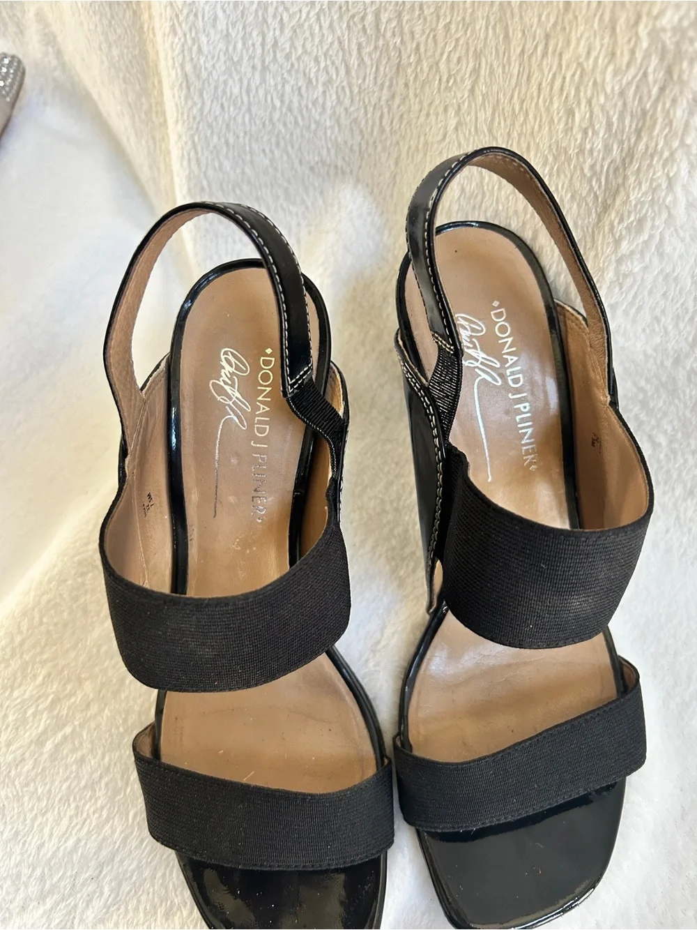 Donald J. Pliner Black Patent and Fabric Slingback Heels